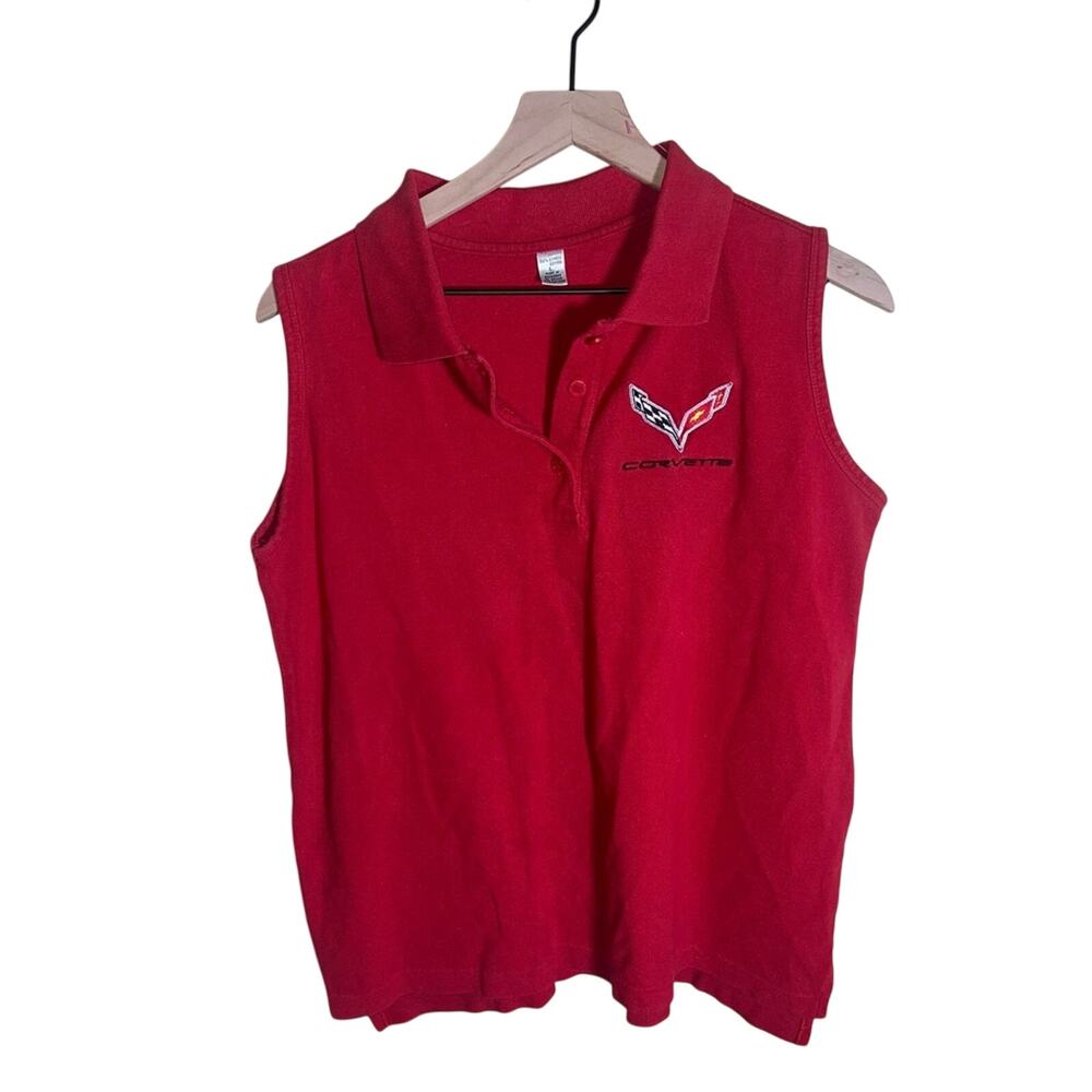 VINTAGE CORVETTE sleeveless collared textured embroidered motorehead polo L